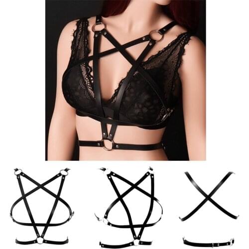 Pentagram Sexy Women Black Leather Harness Garter Belt Hollow Chest Stocking Adjust Waist Body Bondage Erotic Fetish Lingerie