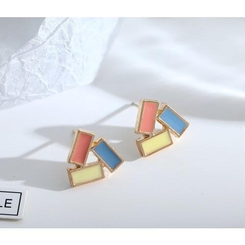 Fashion New Candy Hit Color Geometric Earrings Internet Celebrity Vigorous Girl Temperament Simple Stitching Stud Earrings