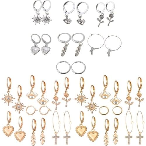 2021 New 7 Pairs Cross Eye Heart Hoop Dangle Earrings Set Flower Earring Women Jewerly