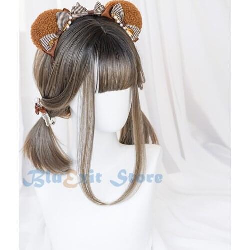 Mixed Black Brown Lolita Wig Harajuku Fairy Cute Long Straight Bangs Synthetic Hair Adult Sweet Girls Youtuber Daily Wear 509