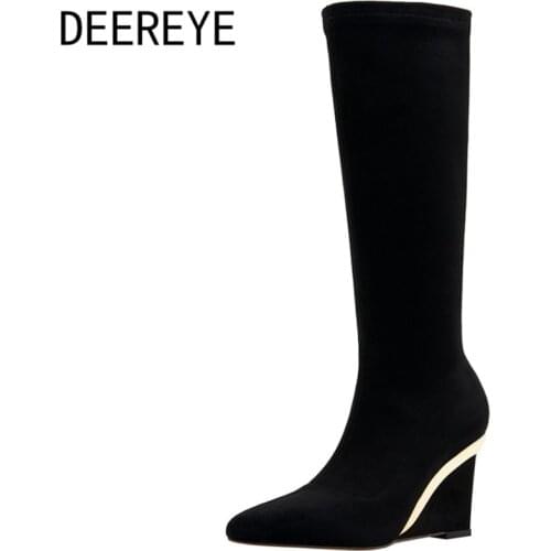 Comfortable Winter Suede Wedge High Heel Elastic Booties Black Knee High Long Boots Dress Party Casual Zipper Shoes For Women