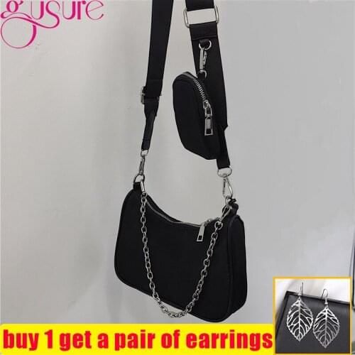 Gusure Vintage Black Small Messenger Bag Fashion Nylon Women Shoulder Bags Ladies Chain Design Hobos Armpit Bag Bolsa Feminina