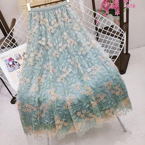 Vintage Floral embroidery mesh skirt female summer new high waist temperament pleated skirt midi long large swing a-line skirt