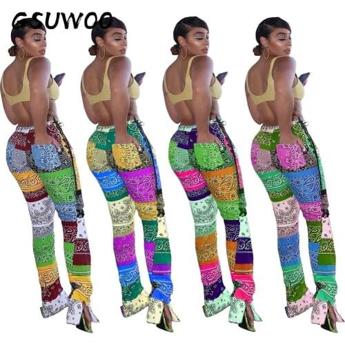 GSUWOO Womens Casual Patchwork Bandage Split Pants Street Wear Mid Wiast Painted Pattern Trousers Lady Pencil Pants S-XXXL