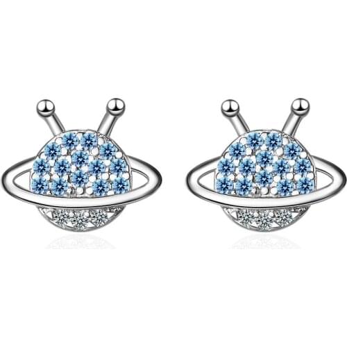100% 925 Sterling Silver Blue Crystal Planet Round Stud Earrings For Women 2020 Wedding Gift Female pendientes mujer moda eh1229