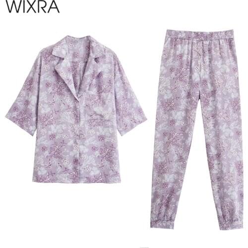 Wixra Womens Purple Floral Print Pajama Sets Summer Short Sleeve Shirts+ Elastic Waist Pants Casual Suits Street Wear