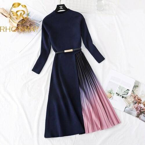 New 2021 Elegant Knitted Patchwork Gradient Pink Pleated Dress Women Long Sleeve Sweater Office One-Piece Midi Dress With Belt