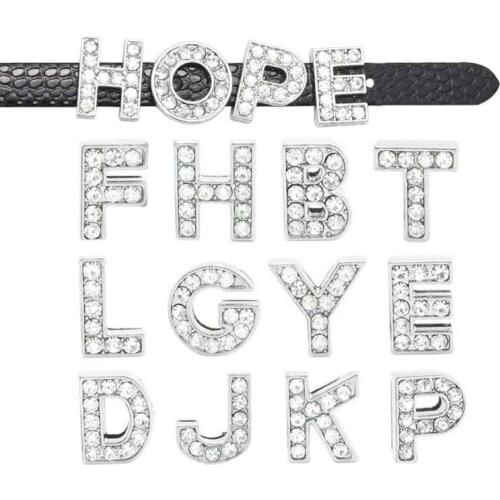 20pcs/lot Internal Dia 8mm Slide Charm Silver Color Rhinestone English letters DIY Accessories fit 8mm Wide Belt Pet Collar