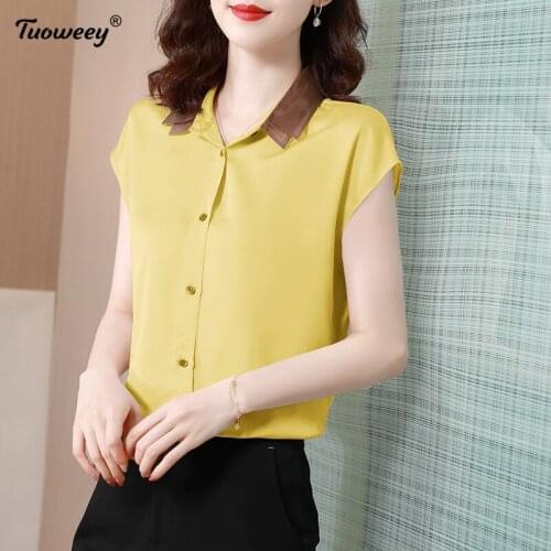 2021 short Sleeve patchwork Women Shirts Button Vintage Turn Down Collar Women Blouse and Tops Fashion Female Clothing