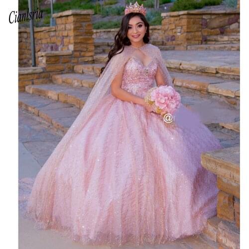 Sparkly Beading Crystal Sweetheart Ball Gown Quinceanera Dresses With Cape Sleeveless Shiny Sweet 16 Dress Vestido De 15 Anos