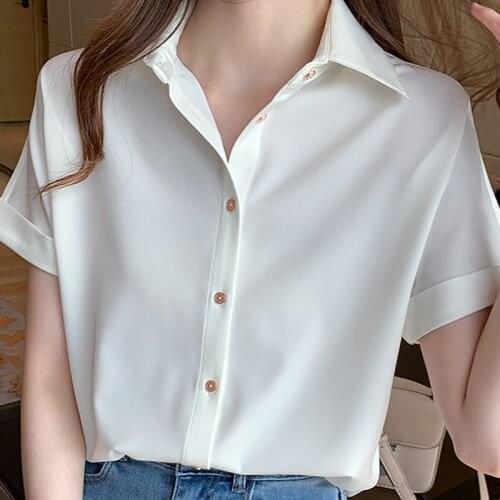 Blouses top Femme Short Sleeve Blouse Women Blusas Mujer De Moda 2021 Turn Down Collar Chiffon White Blouse Shirt Tops E864