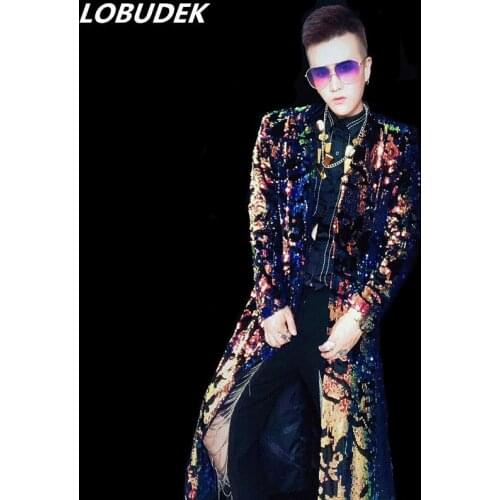 Colorful Sequins Long Coat Men Nightclub Clothing Sparkly Sequined Cloak Outerwear Male Singer DJ Bar Performance Stage Costume