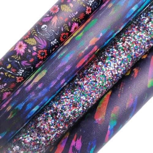 Mixed Colors Glitter leather, Purple Flowers Stripes Printed synthetic leather Faux Leather Sheets For Bows DIY 21x29CM KM734