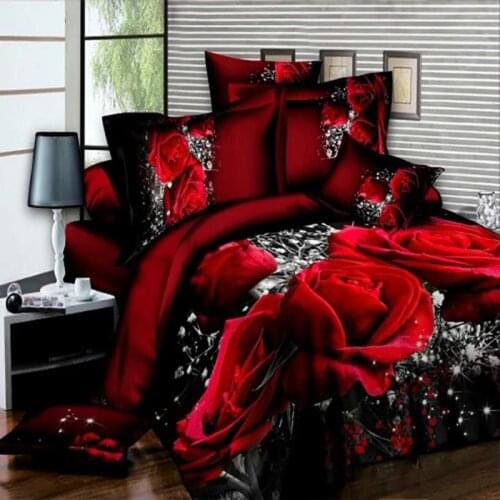 [ Ready Stock ] 4pc/set 3D Big Red Rose Floral Bedding Sets Wedding Soft Duvet Cover Sheet Pillow Cases Bed Set Queen Bed Linen