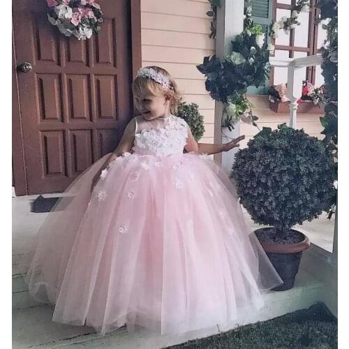 Lovely Pink Flower Girl Dress For Weddings With 3D Floral Appliques Baby Birthday Gowns Pageant Gowns