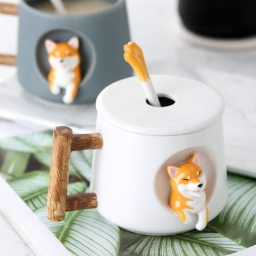 Mug Corgi Cartoon Couple Water Cup Shiba Inu Cup Girl With Lid Embossed Dog Ceramic Cup Office Spoon
