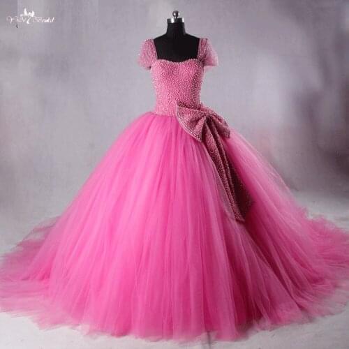 LZF006 Princess Pink Beaded Bows Ball Gown Prom Dress
