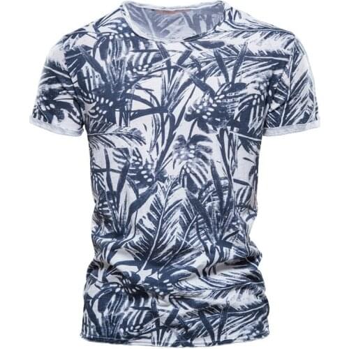 Mens leaf print T round neck short sleeve 2021 summer mens polyester material hot style