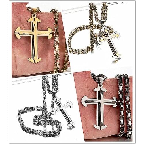 Granny Chic Jesus Cross Pendant Necklace For Men Gold Silver Black color Stainless Steel Byzantine Chain Necklace Men Jewelry