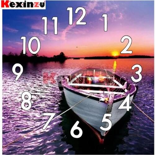 Kexinzu Full Square Round 5D Diamond Painting Kit With Clock Mechanism Cross stitch Diamond Embroidery Mosaic Boat Gift F103