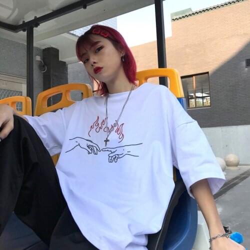 New Womens 100% Cotton T-shirt Harajuku BF Casual Top Aesthetic Hip Hop Clothes Retro Print Punk Streetwear Titan Size Print