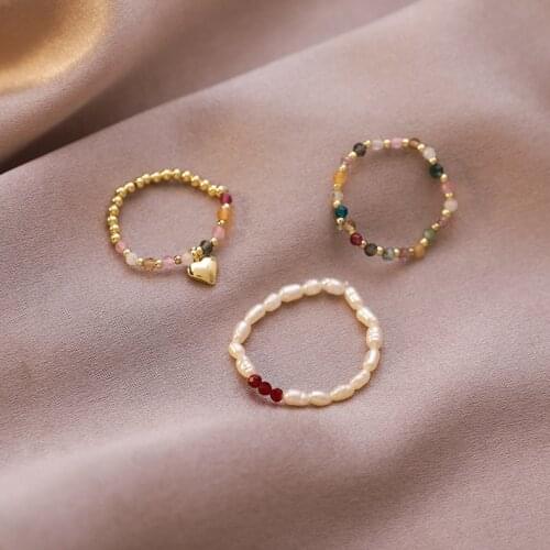 Korean New Elegant Colorful Crystal Pearl Beaded Elastic Rings For Women Girls Fashion Hands Jewelry Accessories Heart Ring Gift