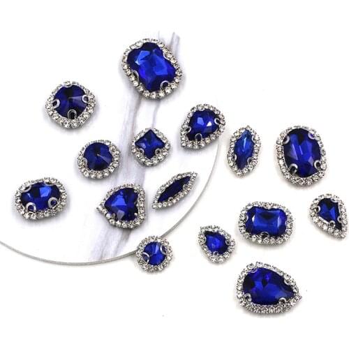 New Royal blue mixed shape crystal button glass strass flatback sew on claw setting rhinestones for clothing/wedding decoration