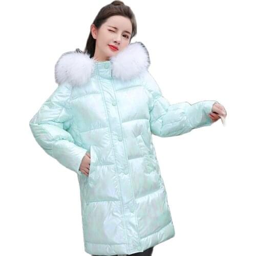 New Waived Wash Colorful Glossy Cotton Female Coat Mid-long Big Fur Collar Down Cotton Clothes Winter Style Slim Ladies Jacket