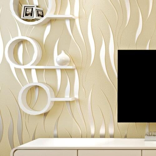Thicken modern non-woven embossed bedroom living room TV background 3D striped seaweed yellow self-adhesive wallpaper sticker