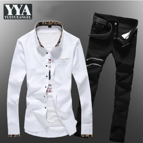Spring Business Men Casual Long Sleeve Shirt Jeans Two Piece Set Long Denim Pants Slim Fit Shirts Top Male Suit Office Outfits