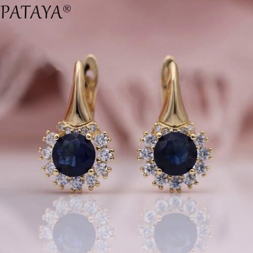 PATAYA New Round Dark Blue Wedding Dangle Earrings Women Cute Flower Party Fashion Jewelry 585 Rose Gold Natural Zircon Earrings