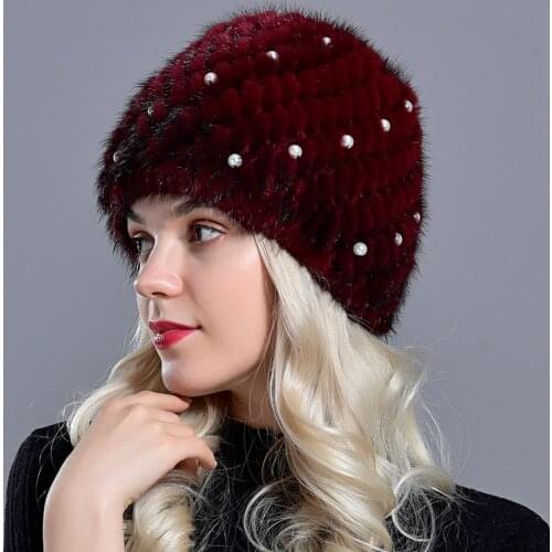 New Pearl Fur Hat for Women Winter Warm Beanies Hand Sewn Beads Natural Mink Fur Knitted Beanie Hats Female Stylish Headwear