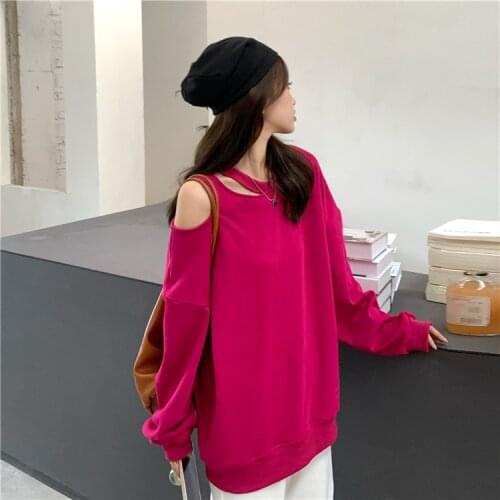 Womens Sweetshirts Casual Hollow Out Pullovers Autumn Clothes Long Sleeve Off Shoulder Solid Color Clothes Harajuku Sweatshirt