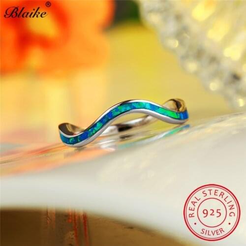 Solid s925 Sterling Silver Ring Blue White Fire Opal Rings For Women Men Irregular Wave Ring Couple Engagement Thin Ring Jewelry