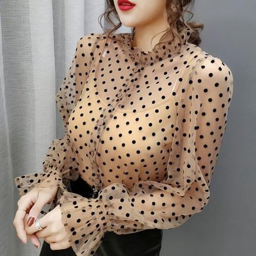 Spring Popular Girls dot Blouses Shirts Tees Female Stand Neck Full Flare Sleeve Elasticity Blouses With Tank 2 PCS Top