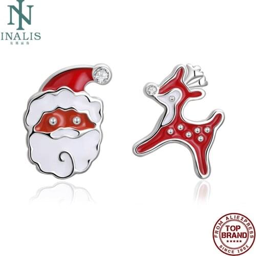 INALIS Christmas Fawn With Santa Claus Cute Earrings Women Zinc Alloy Asymmetry Stud Earring Romantic Party Jewelry Gift Best