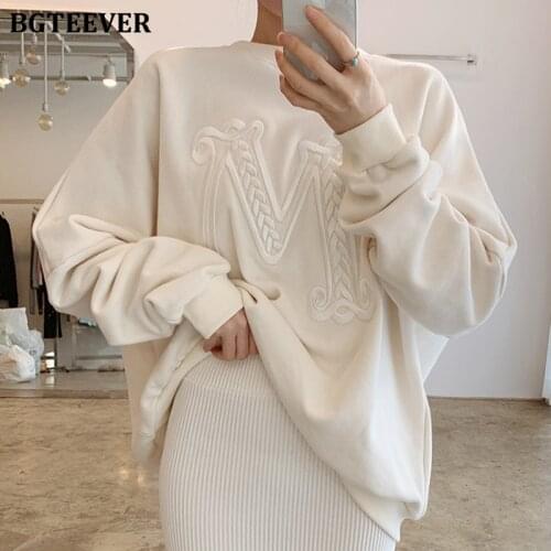 BGTEEVER Autumn Winter Warm Loose Sweatshirts for Women O-neck Long Sleeve Embroidery Printed Female Pullovers Tracksuits 2021