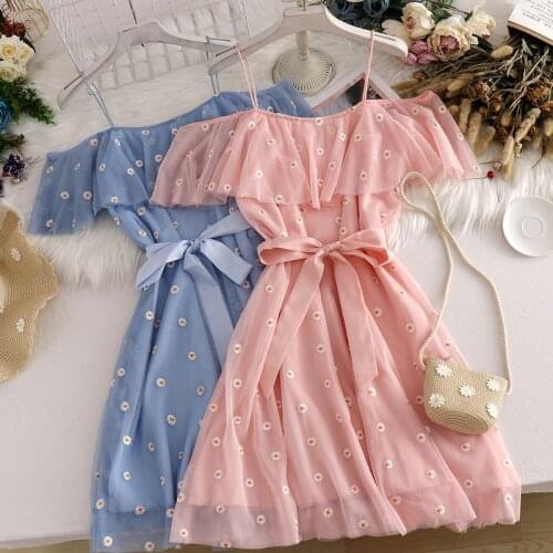 TVOVVIN Print Vestidos De Mujer Floral Sweet Off Shoulder Ruffles Summer Dresses Mesh Bow Bandage High Waist Woman Dress RN5A