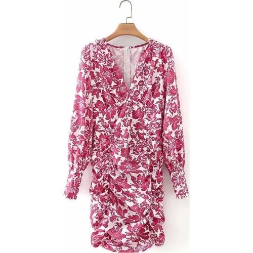 Summer Chiffon Floral Print Women Mini Dresses V-neck Long Sleeve Pleated Female Pink Dress 2021 Spring Ladies Sweet Vestidos