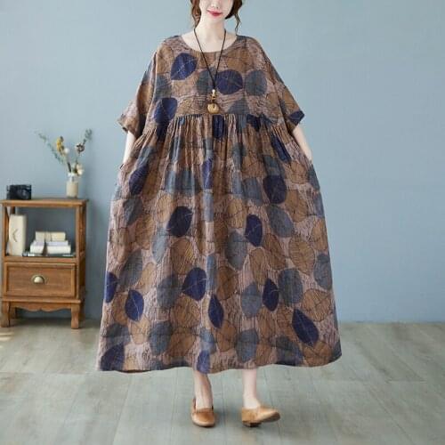 Vintage Dress 2021 New Arrival Thin Soft Cotton Linen Print Floral Oversized Summer Dress Women Travel Casual Long Maxi Dress