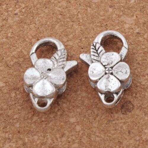 10Pcs Flower With Leaf Claw Lobster Clasps Beads 25x14mm L1012 Tibetan Silver Jewelry Findings Components LZsilver