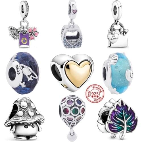 Hot Sale 925 Sterling Silver Love Forever Heart Dangle Charms Beads fit Original Pandora Bracelet Necklace Leaves Mushroom Jewel