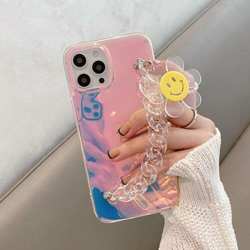 Laser Flowers Wrist Strap Phone Case for iphone 12 11 Pro Max XR XSMAX 7 8 Plus SE 2020 Soft IMD Hanging Chain Capa Cover