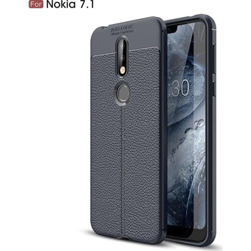 Litchi Texture Luxury Leather PU Silicone Soft Case for Nokia 7.1 Full Cover Shockproof Bumper Case