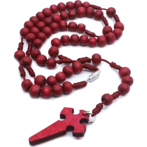 Jesus Wooden Prayer Beads 6mm Rosary Cross Necklace Pendant Woven Rope Chain Jewelry Accessories