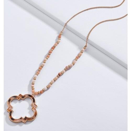 ZWPON Clover Quatrefoil Acrylic Metal Long Pendant Necklace For Women Natural Stone Beads Chain Necklace Jewelry Wholesale