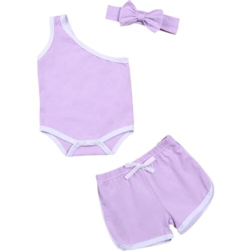 New Summer Newborn Baby Girl Sleeveless Slant Shoulder Rompers Lace Up Pants With Headband 3 Pieces Infant Clothes Sets 0-18 M