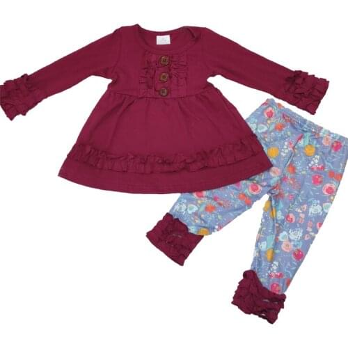 Latest fashion style girl icing ruffle top and pants set girls Fuchsia outfit with cute print