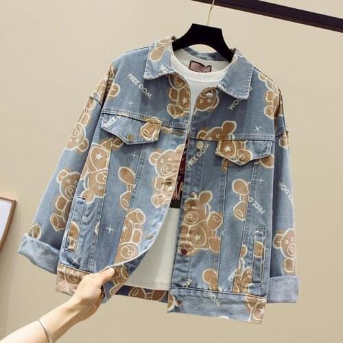Autumn Printed Denim Jackets Womens Vintage Loose Short Coat Female Long Sleeve Jeans Jacket Single Breasted Casual Outwear