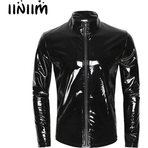 Mens Metallic Latex T-shirt Coat Wet Look Clubwear PVC Leather Zipper Shirts Club Costume Male Streetwear Autumn Jacket Tops
